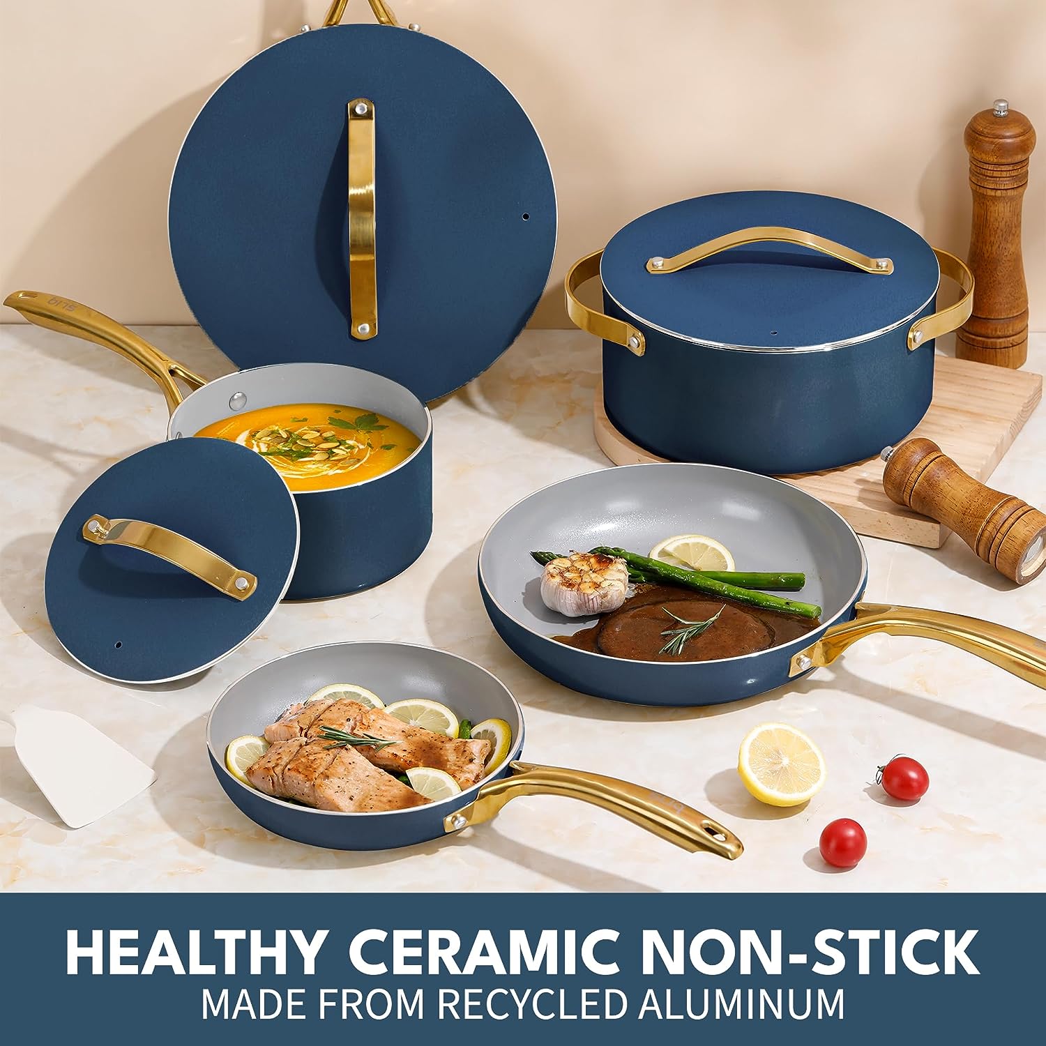 Sliq Nonstick Ceramic Saute Pan with Steamer, Non Toxic Deep