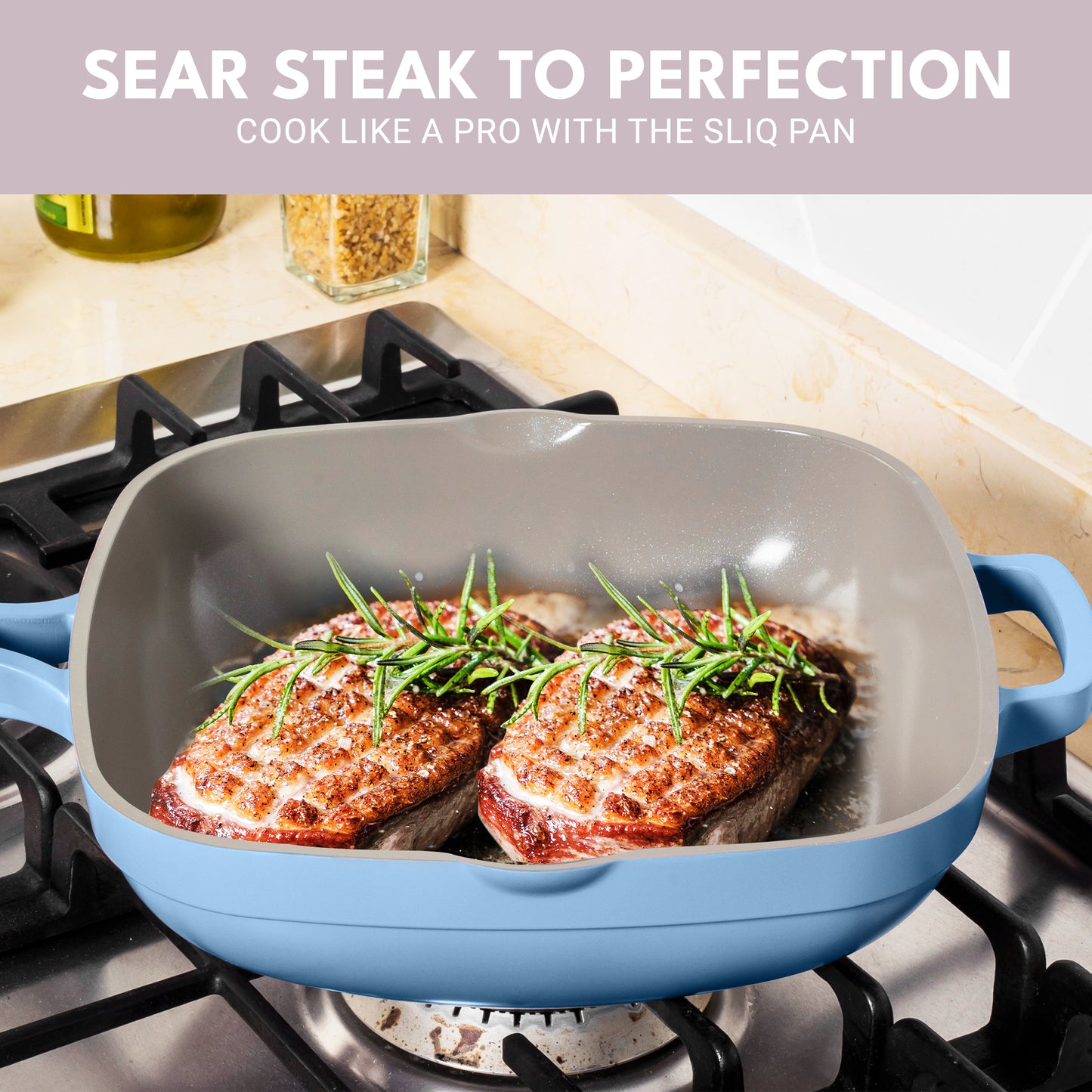 Sliq Nonstick Ceramic Saute Pan with Steamer, Non Toxic Deep Frying Pan, 11 Inch Dishwasher Safe, Replaces All Pans in One, PFOA and PTFE Free, 4 qt, Blue Mist